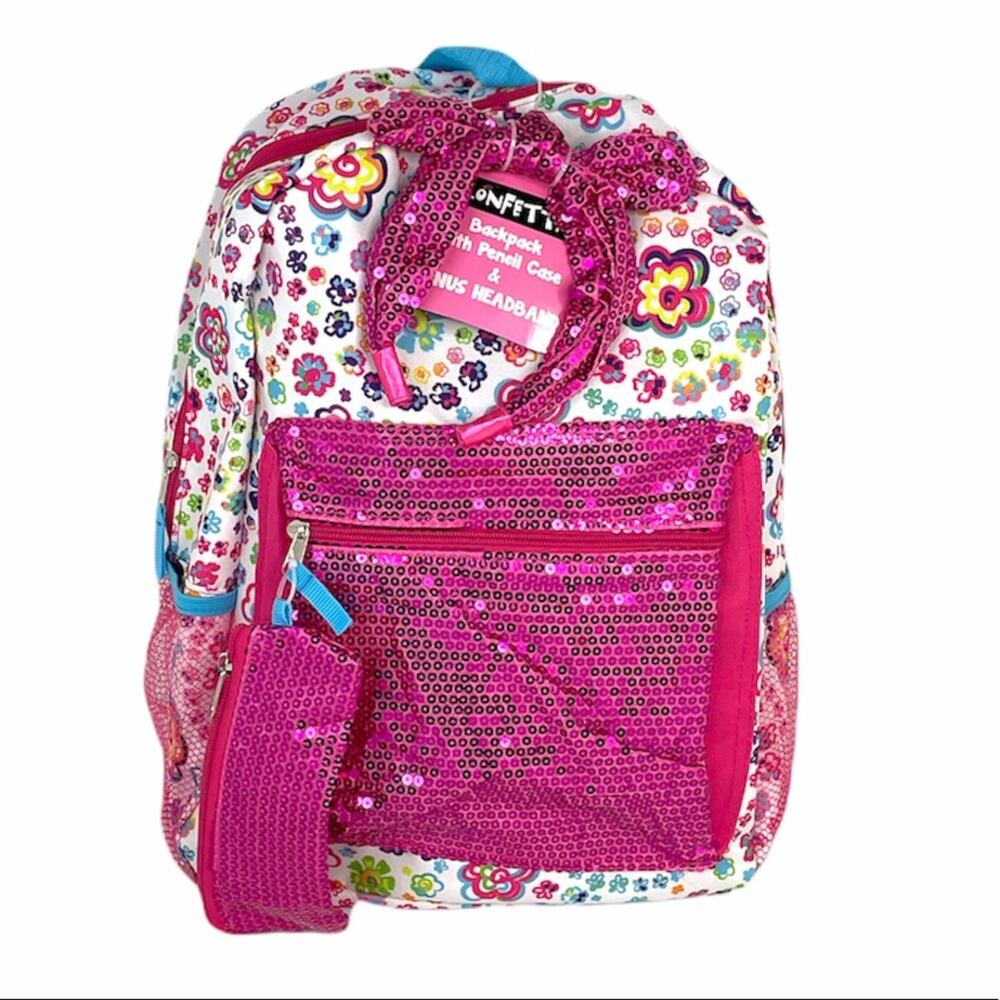 Confetti Floral and Sequins Backpack, Pencil Case and Headband, Pink